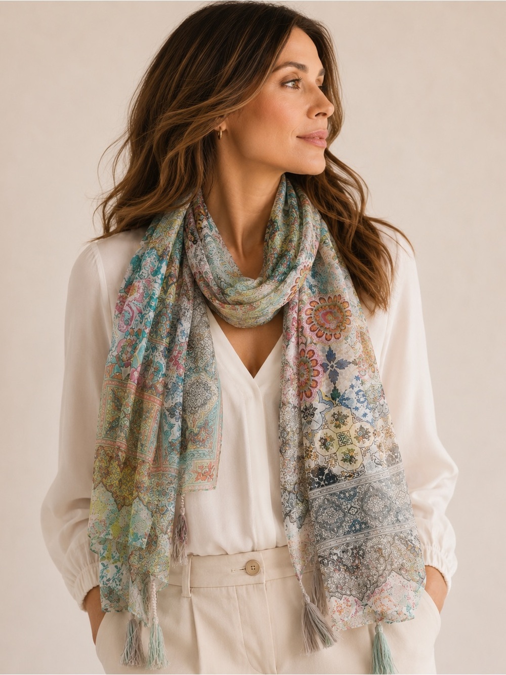 Johnny Was NWT 100% Silk Tassel Scarf Boho Floral Paisley Wrap Shawl